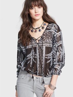 Free People Lace Up Boho Sheer Peasant Top Large Dolman Sleeve Festival Blouse